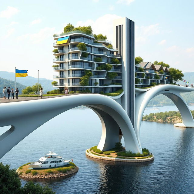 Set against a backdrop of distant green hills, this architectural marvel features a bridge no longer than 200 meters, accentuated by high bionic arches