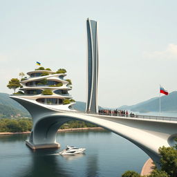 Set against a backdrop of distant green hills, this architectural marvel features a bridge no longer than 200 meters, accentuated by high bionic arches