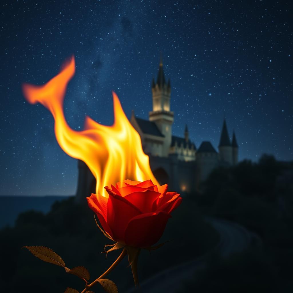 A bright, intense flame engulfs a rose positioned at the bottom of the image, allowing a full view of a majestic castle in the background