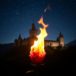 A bright, intense flame engulfs a rose positioned at the bottom of the image, allowing a full view of a majestic castle in the background