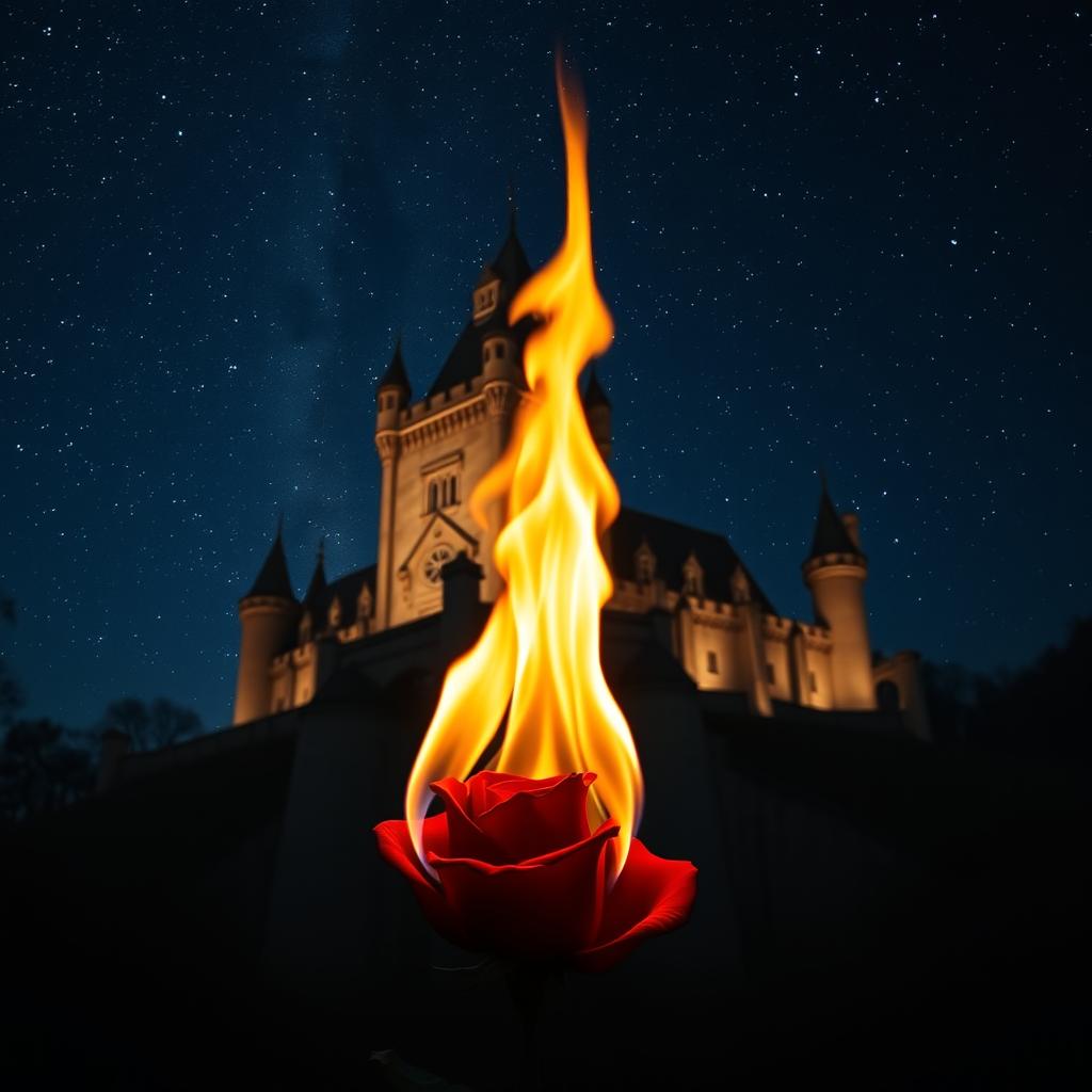 A bright, intense flame engulfs a rose positioned at the bottom of the image, allowing a full view of a majestic castle in the background