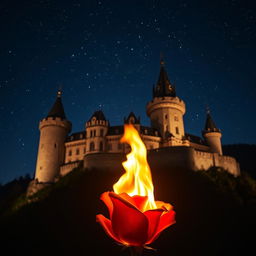 A bright, intense flame engulfs a rose positioned at the bottom of the image, allowing a full view of a majestic castle in the background