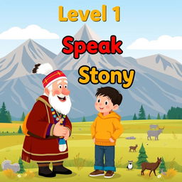 A captivating book cover for "Level 1 Speak Stoney" designed in a flat art style suitable for 1st grade students