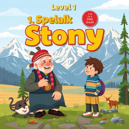 A captivating book cover for "Level 1 Speak Stoney" designed in a flat art style suitable for 1st grade students