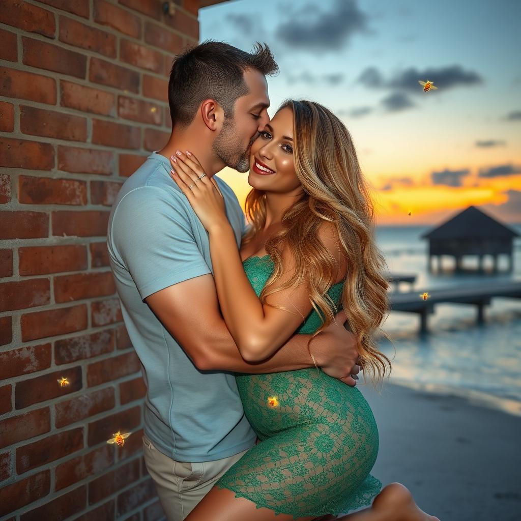 A 40-year-old man with short brown hair and grey-blue eyes passionately kissing a beautiful, very curvy woman with long honey-blond hair, green eyes, and red lips