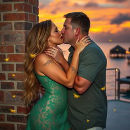 A 40-year-old man with short brown hair and grey-blue eyes passionately kissing a beautiful, very curvy woman with long honey-blond hair, green eyes, and red lips