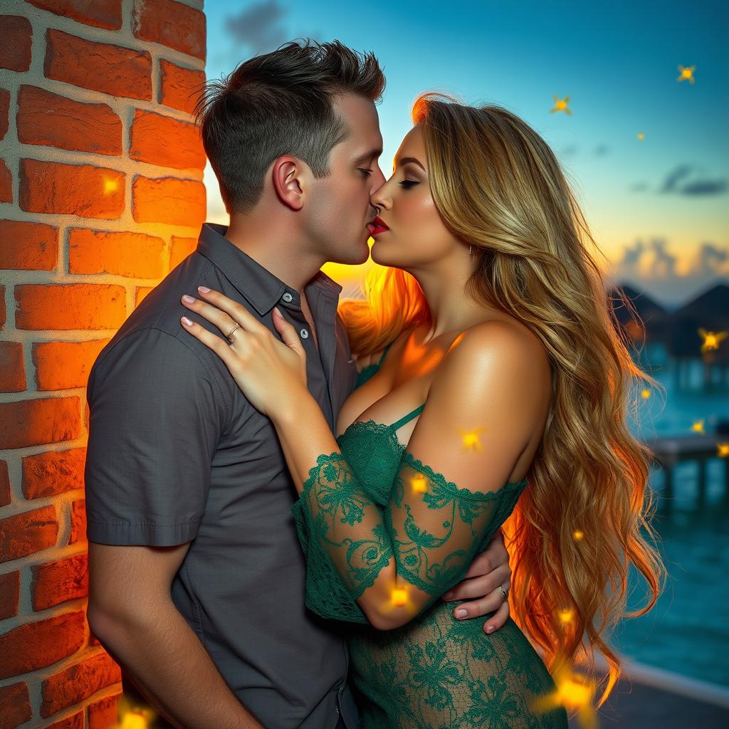 A 40-year-old man with short brown hair and grey-blue eyes passionately kissing a beautiful, very curvy woman with long honey-blond hair, green eyes, and red lips