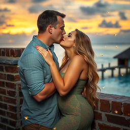 A 40-year-old man with short brown hair and grey-blue eyes passionately kissing a beautiful, very curvy woman with long honey-blond hair, green eyes, and red lips