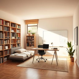 A study room with a tall and long bookshelf against one wall, offering a wide array of books and decorative items