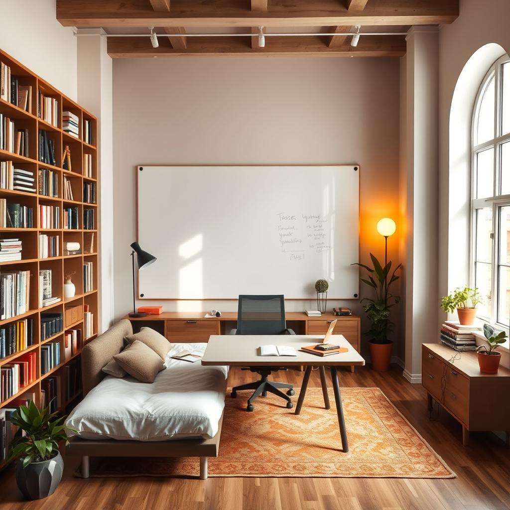 A study room with a tall and long bookshelf against one wall, offering a wide array of books and decorative items