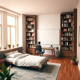 A study room with a tall and long bookshelf against one wall, offering a wide array of books and decorative items