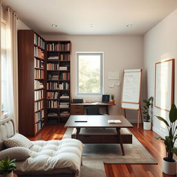 A study room with a tall and long bookshelf against one wall, offering a wide array of books and decorative items