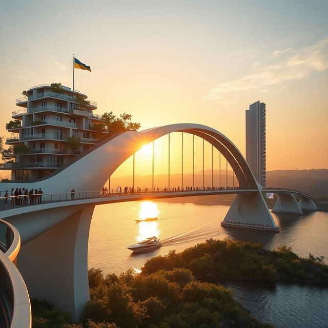 Captivating sunset view of a bridge, no longer than 200 meters, with high bionic arches