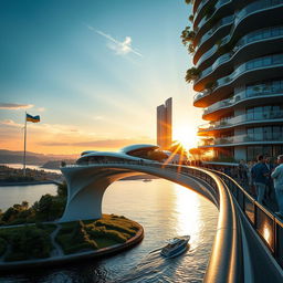 Captivating sunset view of a bridge, no longer than 200 meters, with high bionic arches