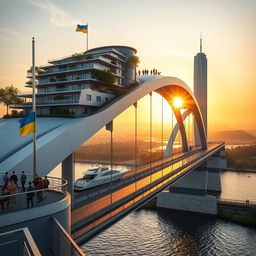 Captivating sunset view of a bridge, no longer than 200 meters, with high bionic arches