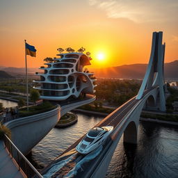 Captivating sunset view of a bridge, no longer than 200 meters, with high bionic arches