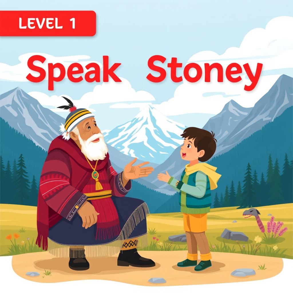 A flat art style book cover for "Level 1 Speak Stoney" featuring the Banff mountains as a stunning backdrop