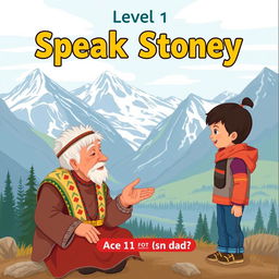 A flat art style book cover for "Level 1 Speak Stoney" featuring the Banff mountains as a stunning backdrop