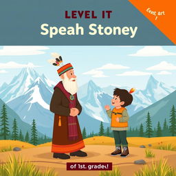 A flat art style book cover for "Level 1 Speak Stoney" featuring the Banff mountains as a stunning backdrop