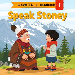 A flat art style book cover for "Level 1 Speak Stoney" featuring the Banff mountains as a stunning backdrop