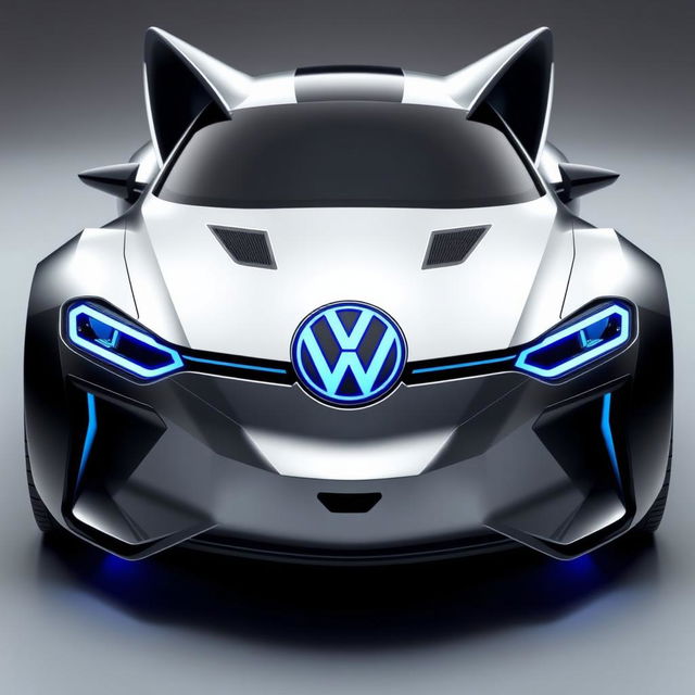 Futuristic space-themed fox with a silver body and black bumpers, featuring an electric blue Volkswagen symbol