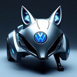 Futuristic space-themed fox with a silver body and black bumpers, featuring an electric blue Volkswagen symbol