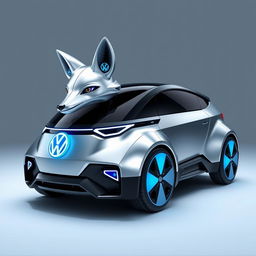 Futuristic space-themed fox with a silver body and black bumpers, featuring an electric blue Volkswagen symbol