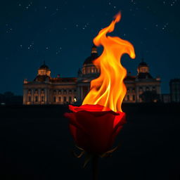 In a vertically oriented image, a fiery rose is positioned at the bottom, its vivid flames adding drama without obscuring the grand palace in the background