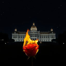 In a vertically oriented image, a fiery rose is positioned at the bottom, its vivid flames adding drama without obscuring the grand palace in the background