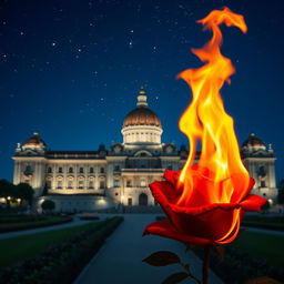 In a vertically oriented image, a fiery rose is positioned at the bottom, its vivid flames adding drama without obscuring the grand palace in the background