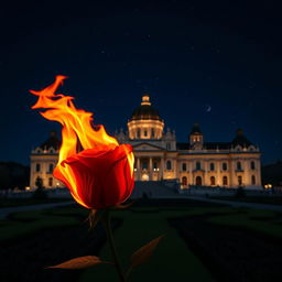 In a vertically oriented image, a fiery rose is positioned at the bottom, its vivid flames adding drama without obscuring the grand palace in the background