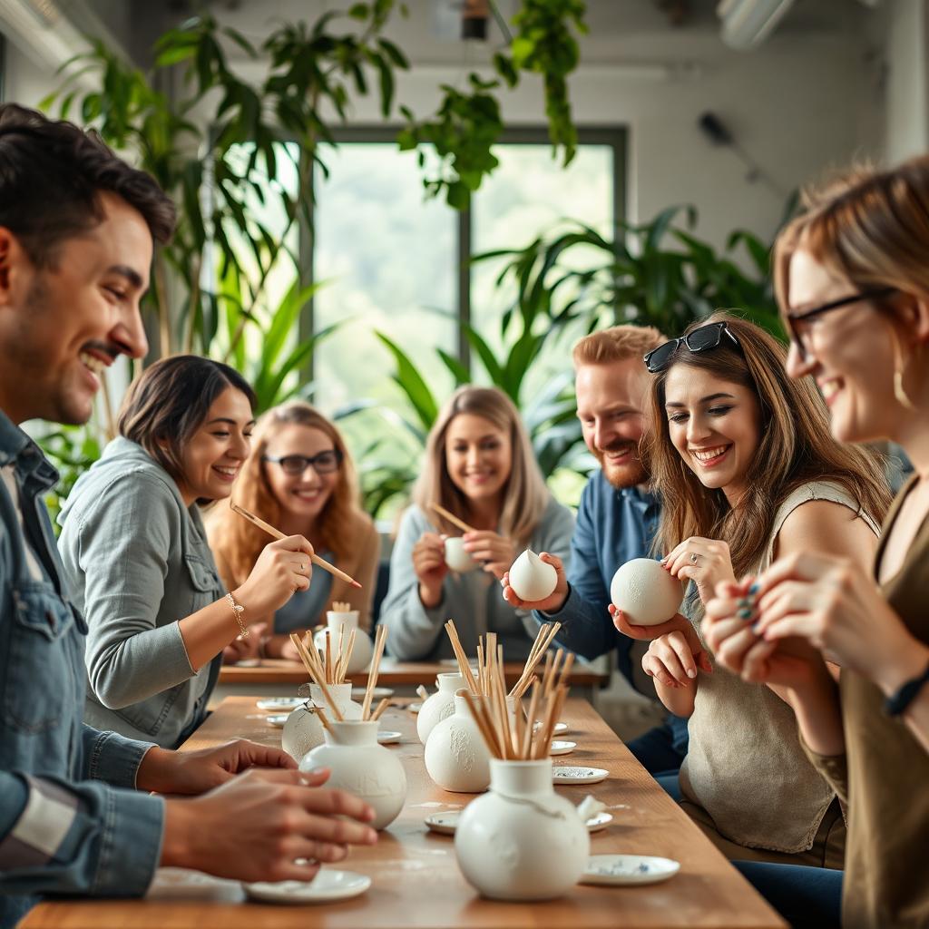 A group of people engaging in a workplace wellness activity, happily painting plaster or ceramic pieces