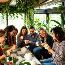 A group of people engaging in a workplace wellness activity, happily painting plaster or ceramic pieces