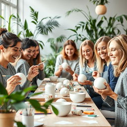 A group of people engaging in a workplace wellness activity, happily painting plaster or ceramic pieces