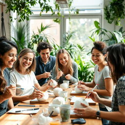 A group of people engaging in a workplace wellness activity, happily painting plaster or ceramic pieces