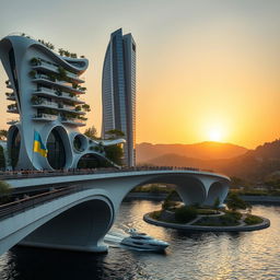 Gaze at a stunning architectural scene during sunset, where a bridge spans no more than 200 meters, highlighted by high bionic arches