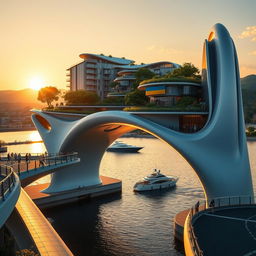 Gaze at a stunning architectural scene during sunset, where a bridge spans no more than 200 meters, highlighted by high bionic arches