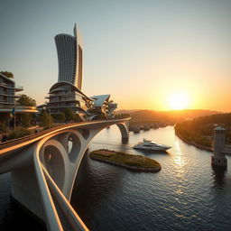 Gaze at a stunning architectural scene during sunset, where a bridge spans no more than 200 meters, highlighted by high bionic arches