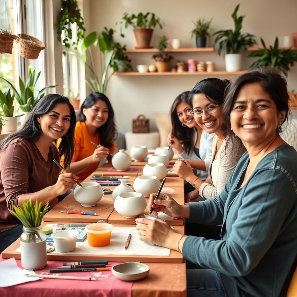 A group of Latina women engaged in a workplace wellness activity, painting ceramic or plaster pieces in a fresh and cozy environment