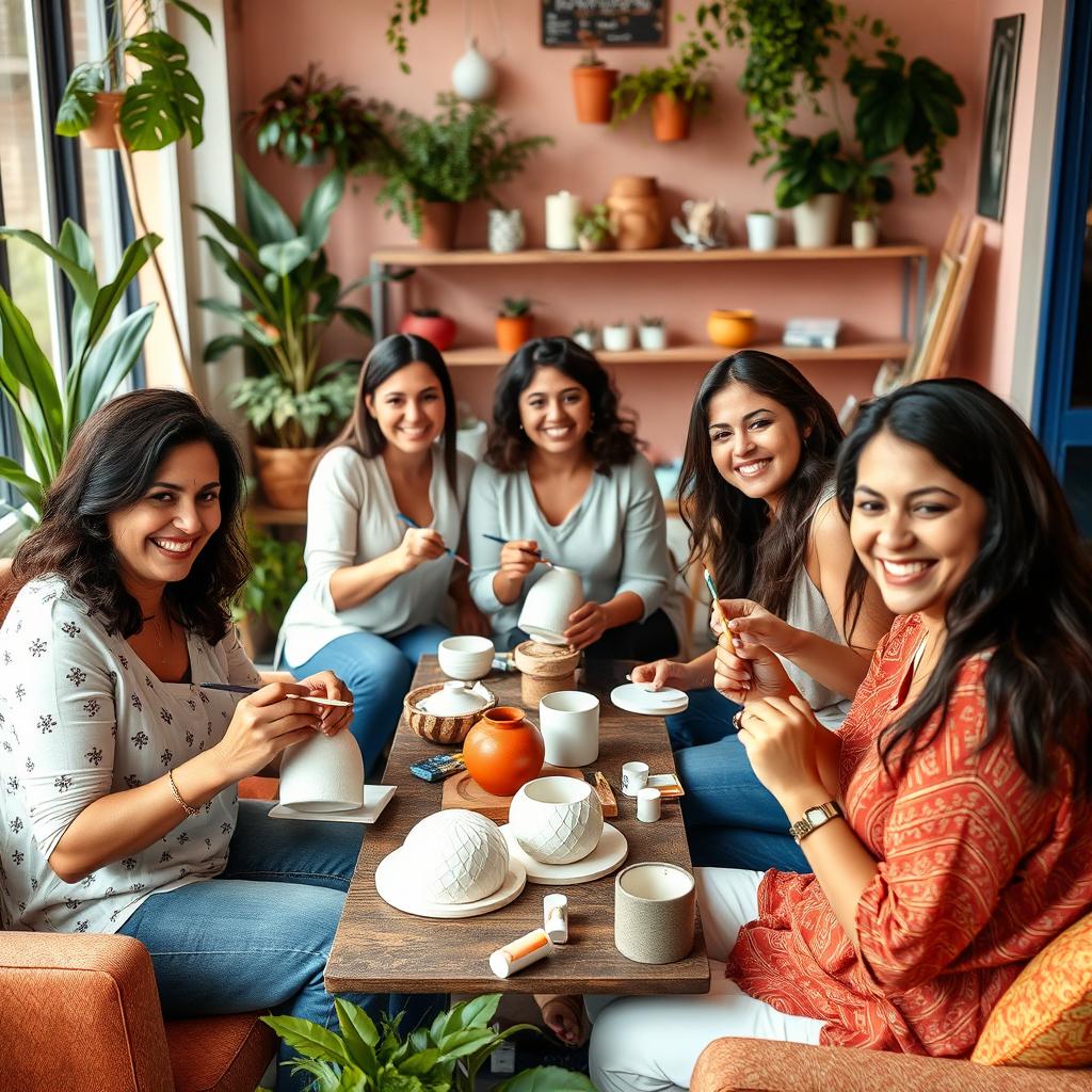 A group of Latina women engaged in a workplace wellness activity, painting ceramic or plaster pieces in a fresh and cozy environment