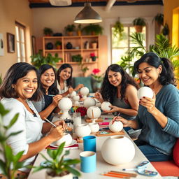 A group of Latina women engaged in a workplace wellness activity, painting ceramic or plaster pieces in a fresh and cozy environment