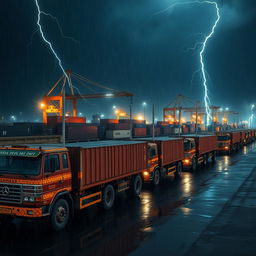 A natural aerial view of a line of Indian trucks with long containers at a containers port during a stormy and rainy dark night