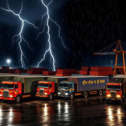 A natural aerial view of a line of Indian trucks with long containers at a containers port during a stormy and rainy dark night