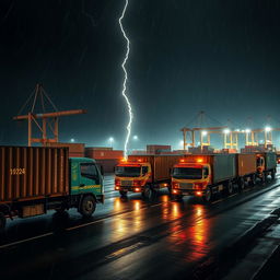 A natural aerial view of a line of Indian trucks with long containers at a containers port during a stormy and rainy dark night