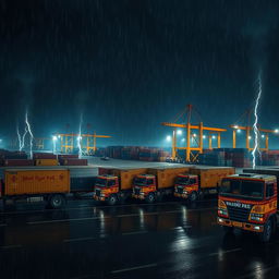 A natural aerial view of a line of Indian trucks with long containers at a containers port during a stormy and rainy dark night