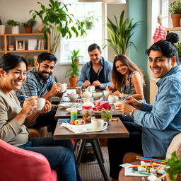 A diverse group of Latino men and women engaged in a workplace wellness activity, painting ceramic or plaster pieces in a fresh and cozy environment