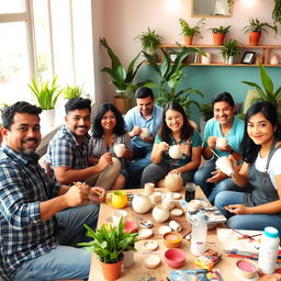 A diverse group of Latino men and women engaged in a workplace wellness activity, painting ceramic or plaster pieces in a fresh and cozy environment