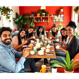 A diverse group of Latino men and women engaged in a workplace wellness activity, painting ceramic or plaster pieces in a fresh and cozy environment