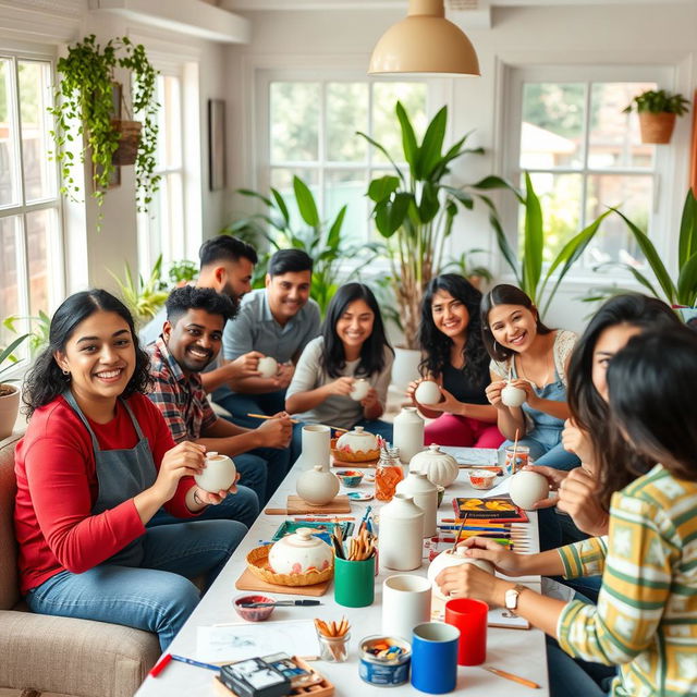 A diverse group of Latino men and women engaged in a workplace wellness activity, painting ceramic or plaster pieces in a fresh and cozy environment