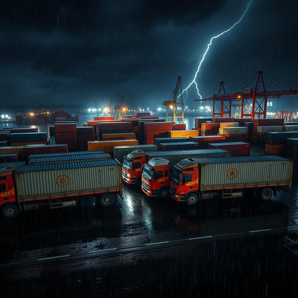 A natural aerial view of a line of Indian trucks with long containers at a containers port during a stormy and rainy dark night